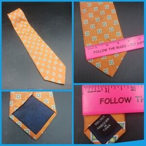 Jos A Bank Tie Golden Orange Blue & White Geo Woven Silk Necktie 58 x 3.5 in.